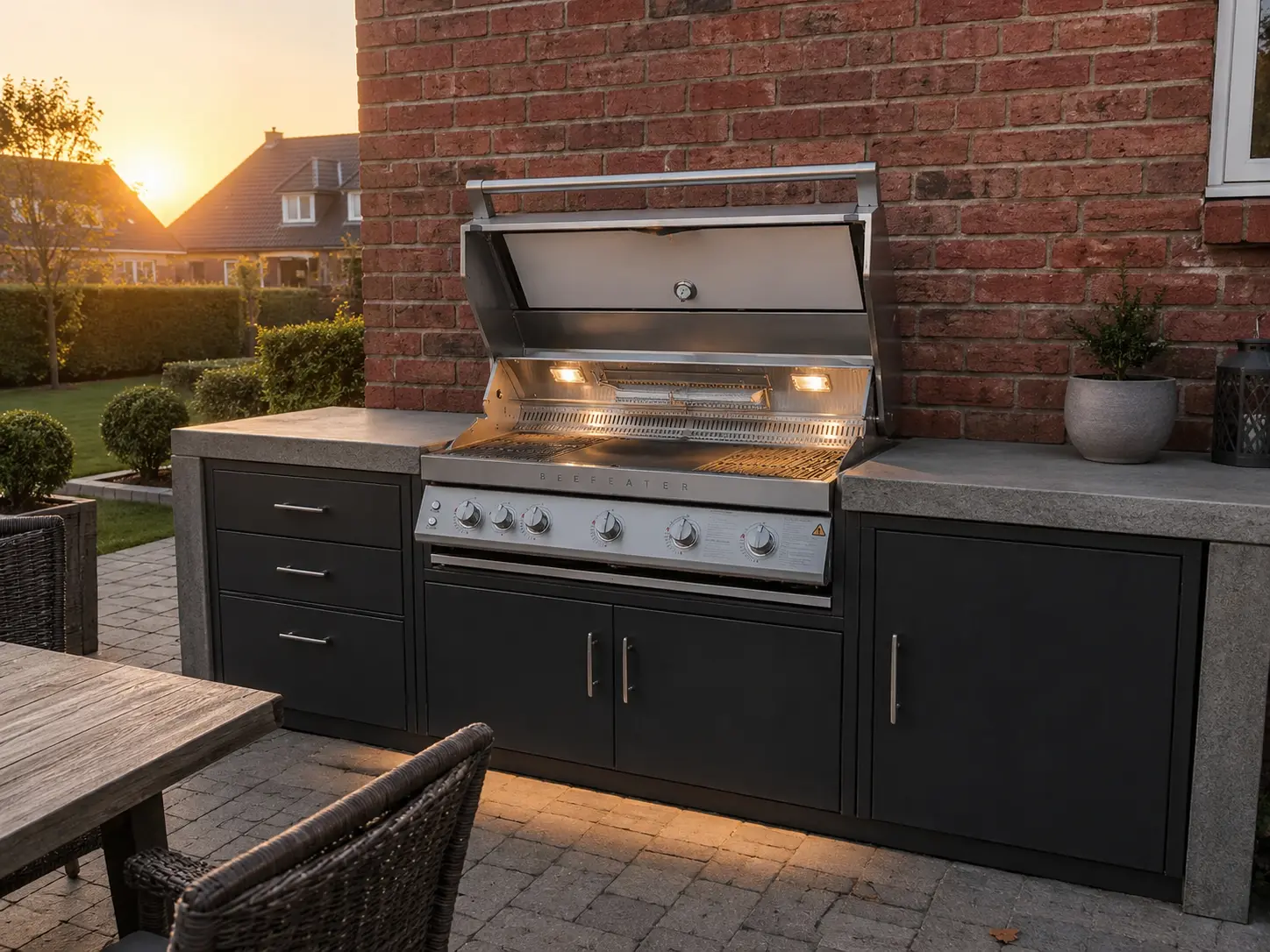 Premium-Grill und Kamado in der Outdoor-Küche auf der Dachterrasse