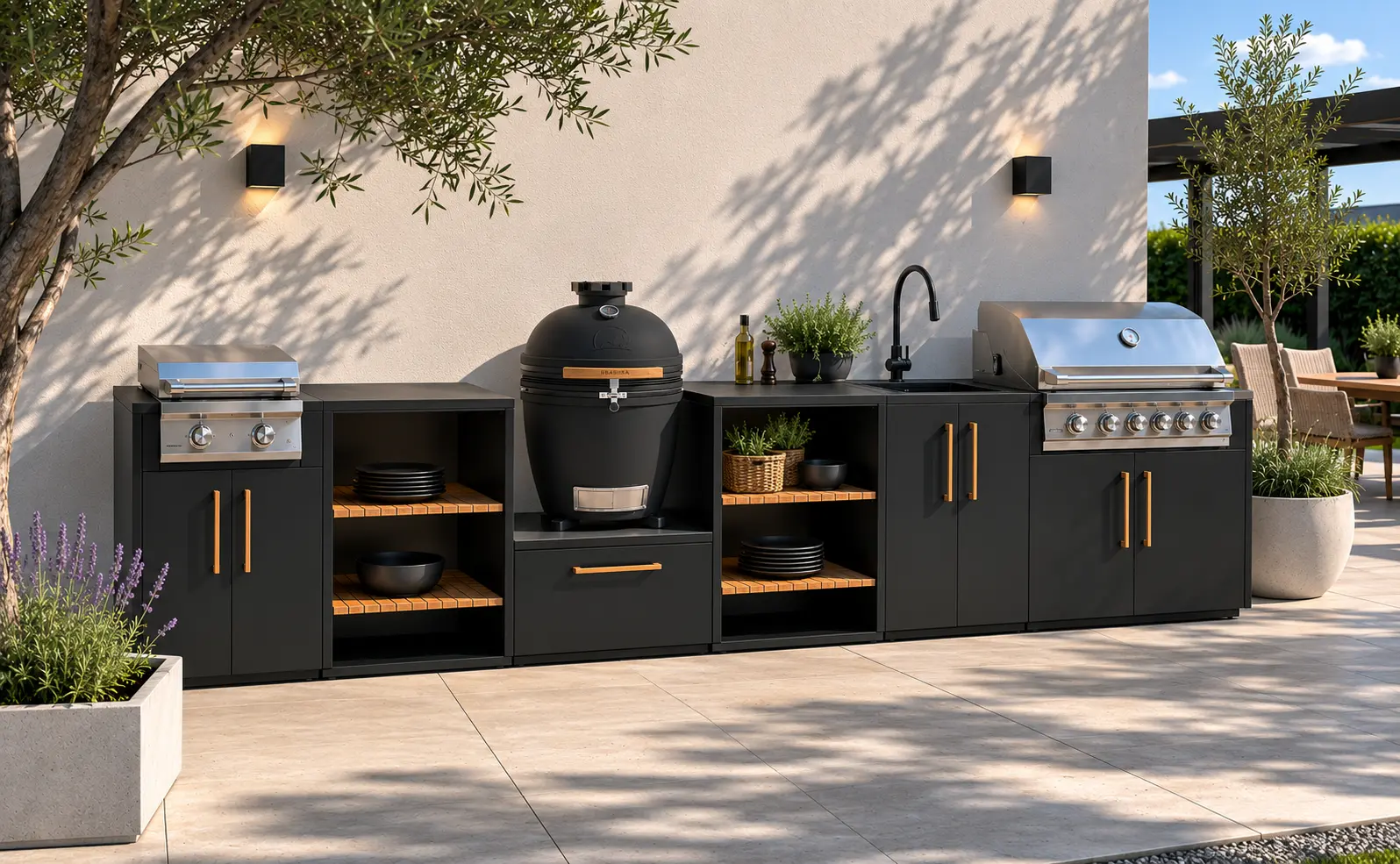 Lineare modulare Outdoor-Küche in Schwarz mit Kamado, Einbaugrill und offenen Regalfächern