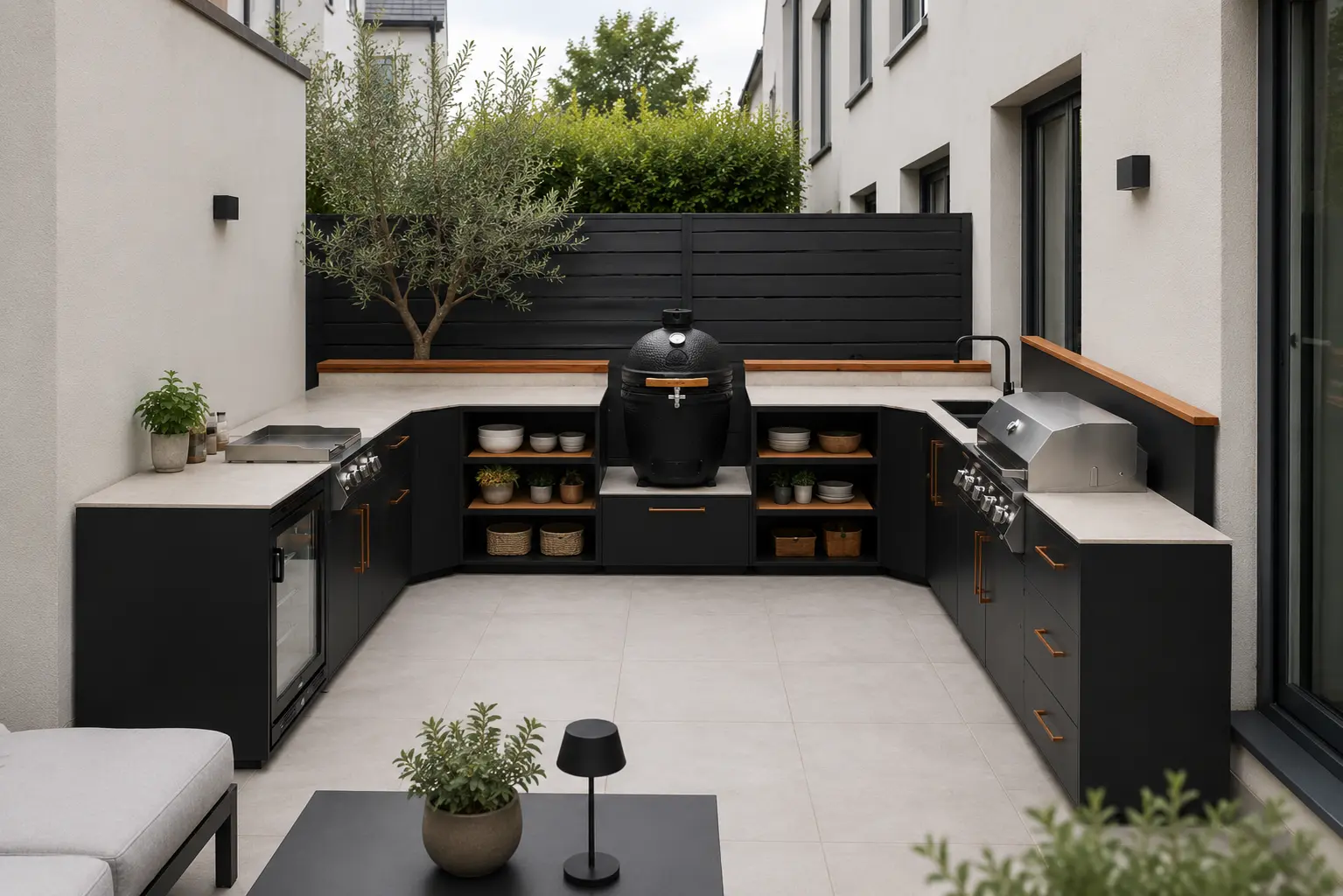 Modulare Outdoor-Küche in U-Form mit Kamado, Einbaugrill und offenen Regalfächern auf einer Terrasse