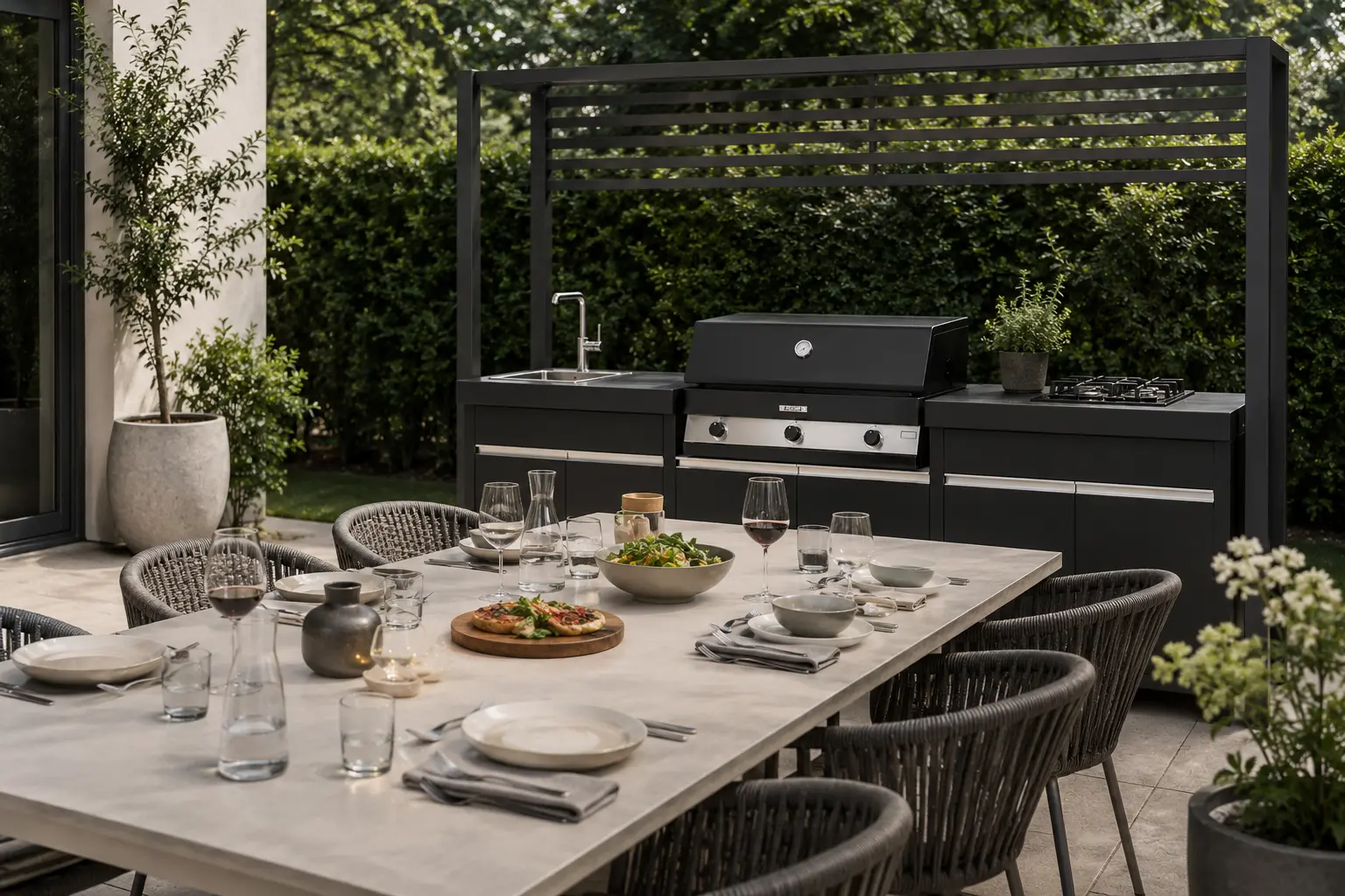 Outdoor-Küche im Außenbereich bei Abendstimmung