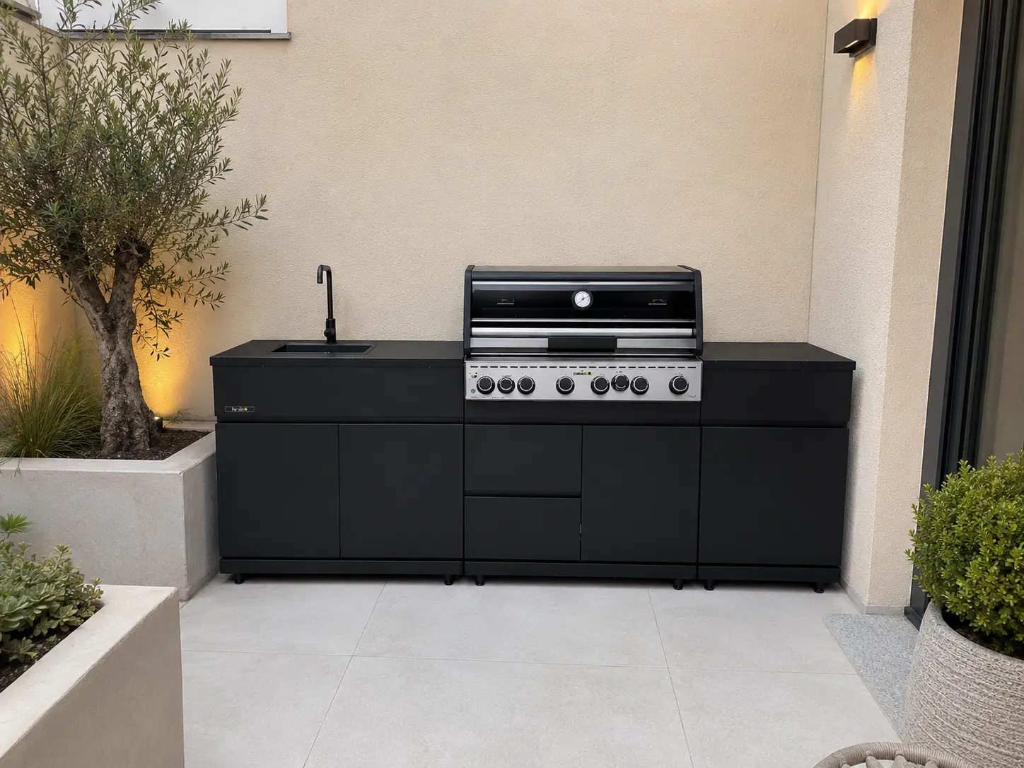 U-förmige modulare Gartenküche aus Edelstahl mit Pool und Pizzaofen