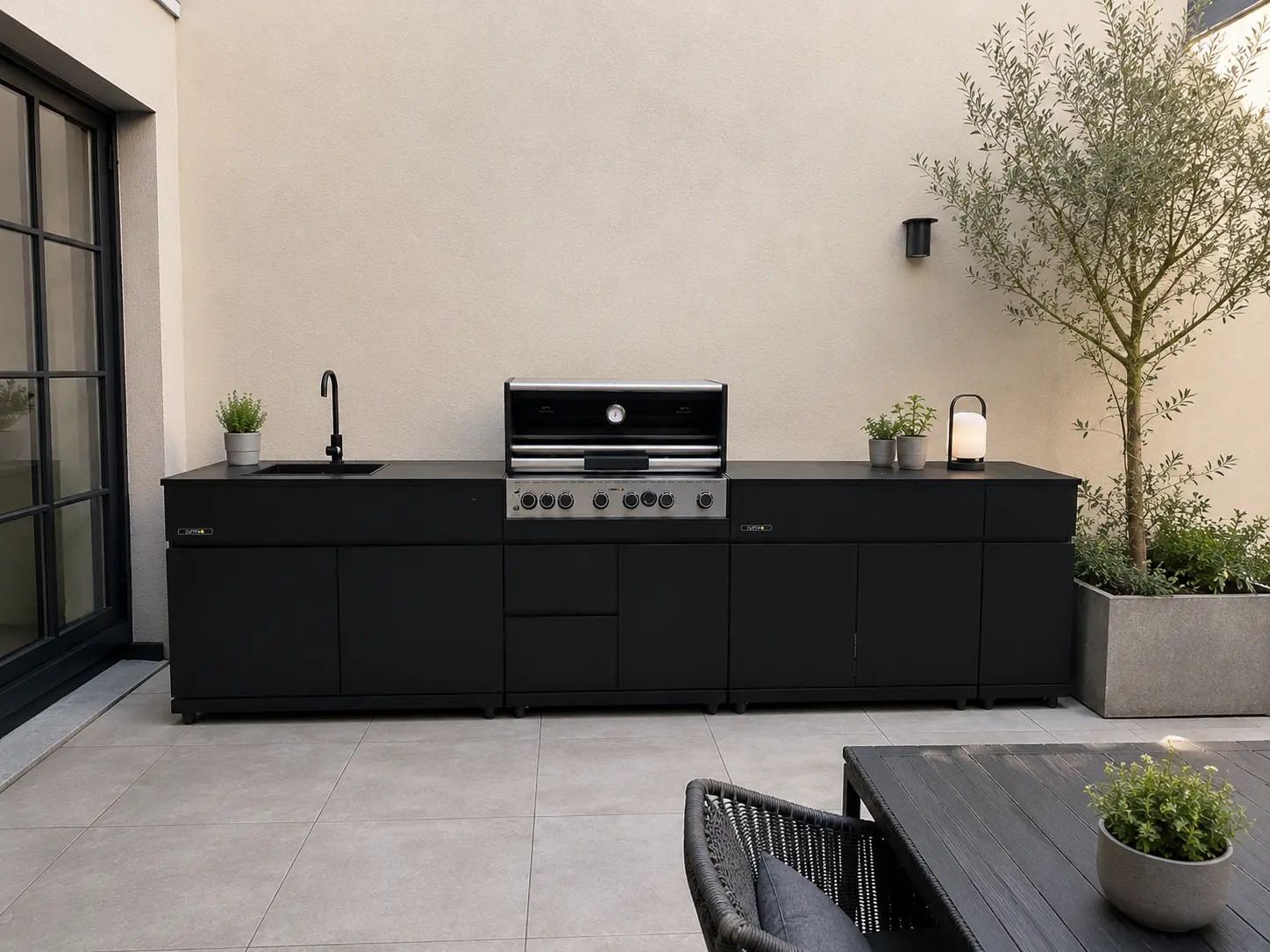 L-förmige moderne Outdoor-Küche im Sonnenlicht mit Granit-Arbeitsplatte