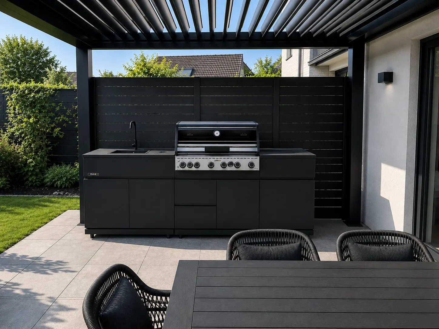 Outdoor-Küche als Insel mit Granit-Arbeitsplatte und Meerblick auf dem Rooftop