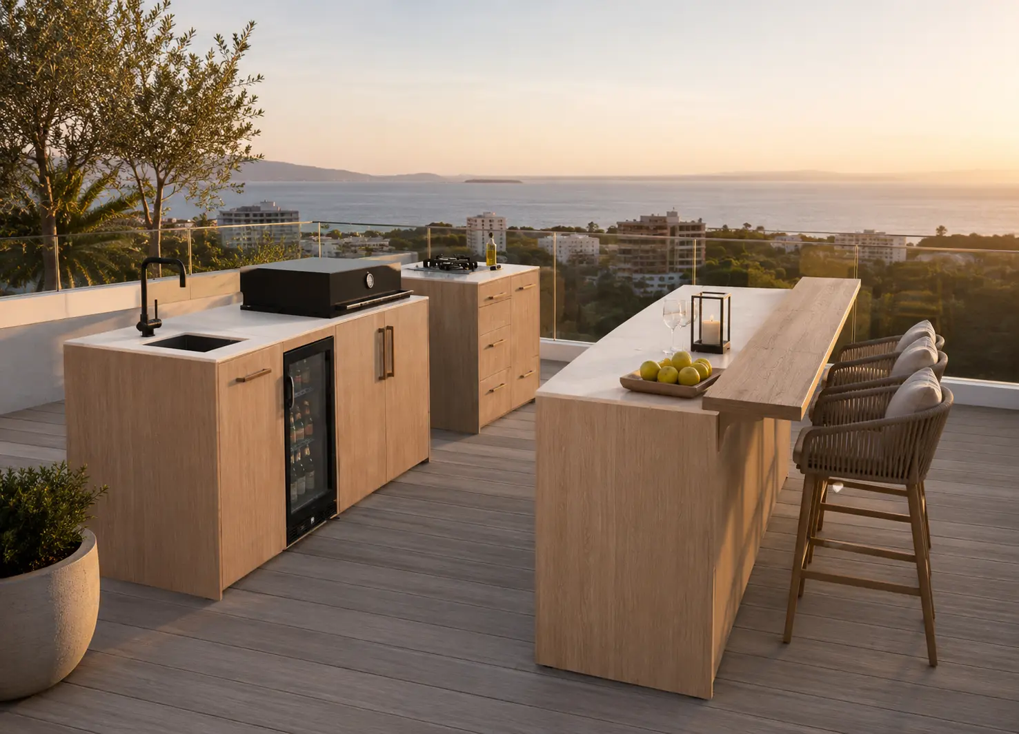 Individuelle Outdoor-Küche aus der Manufaktur in Lützen, Walnuss mit Einbaugrill