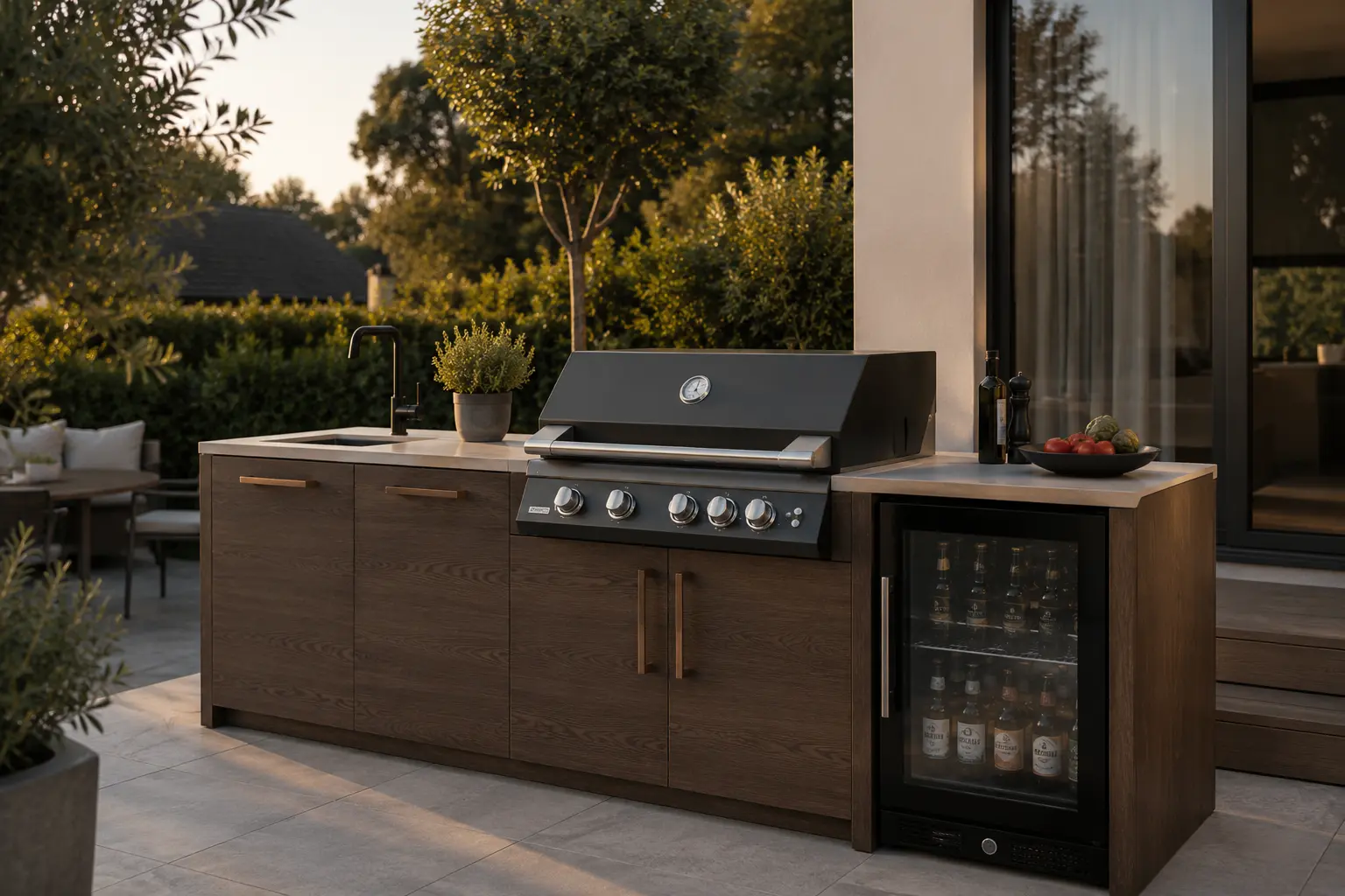 Outdoor Culinary, Gartenküche mit Kalkstein-Arbeitsplatte und schwarzer Armatur